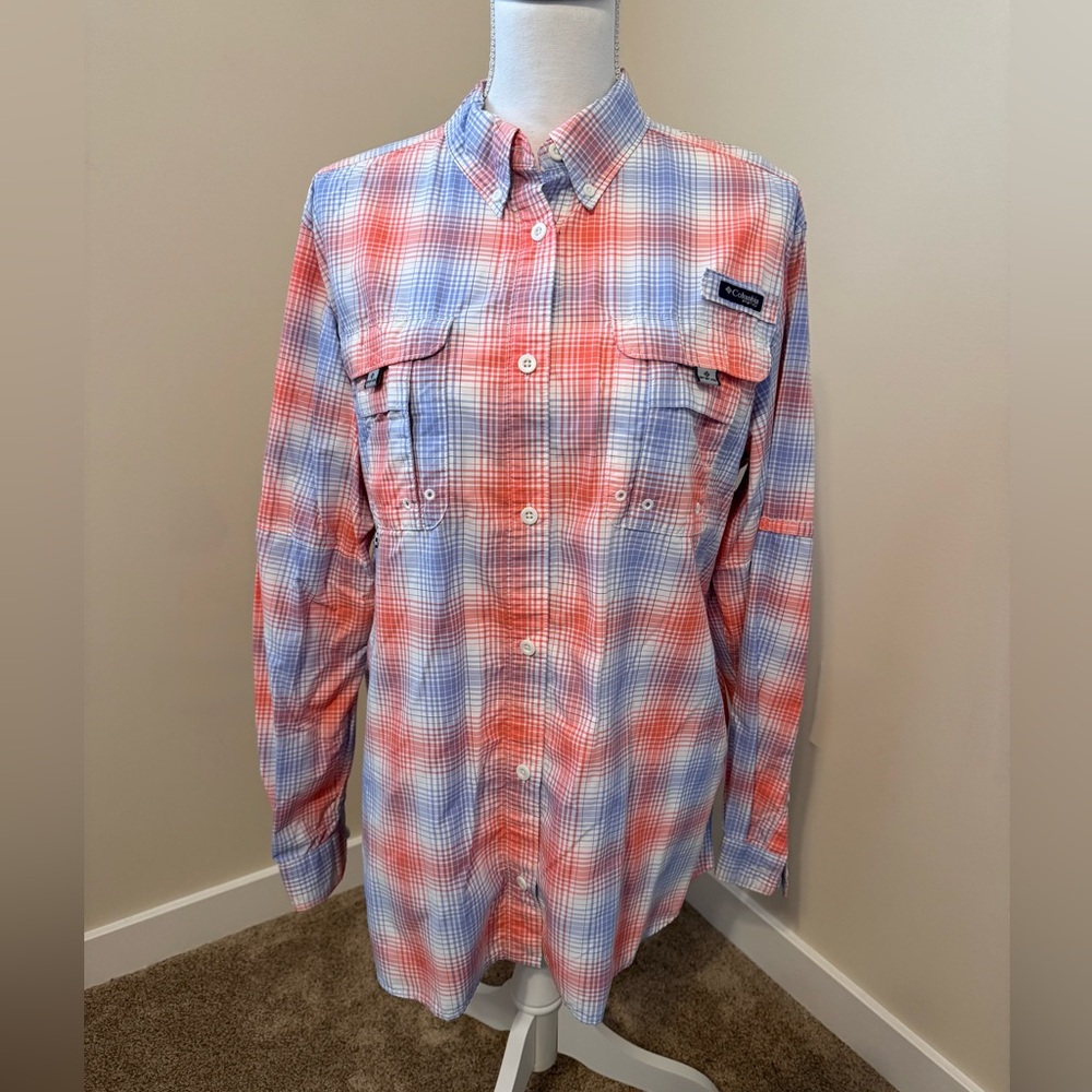 Columbia Super Bahama Women’s Orange & Blue Plaid Button-Down Shirt.